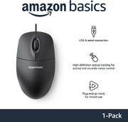 Amazon Basics 3-Button USB Wired Mouse with Responsive Tracking, Plug & Play, Compatible with Windows and Mac, Black