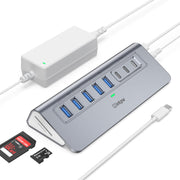 Powered USB Hub 10Gbps, intpw YH6AC Plus 10-Port USB 3.2 Hub(USB A/USB C 3.2+3 USB-A 3.0+2 PD 45W Fast Charging Ports+SD/TF Card Reader), 65W Power Adapter,Aluminum USB HUB for PC/Laptop,iPhone 17/16