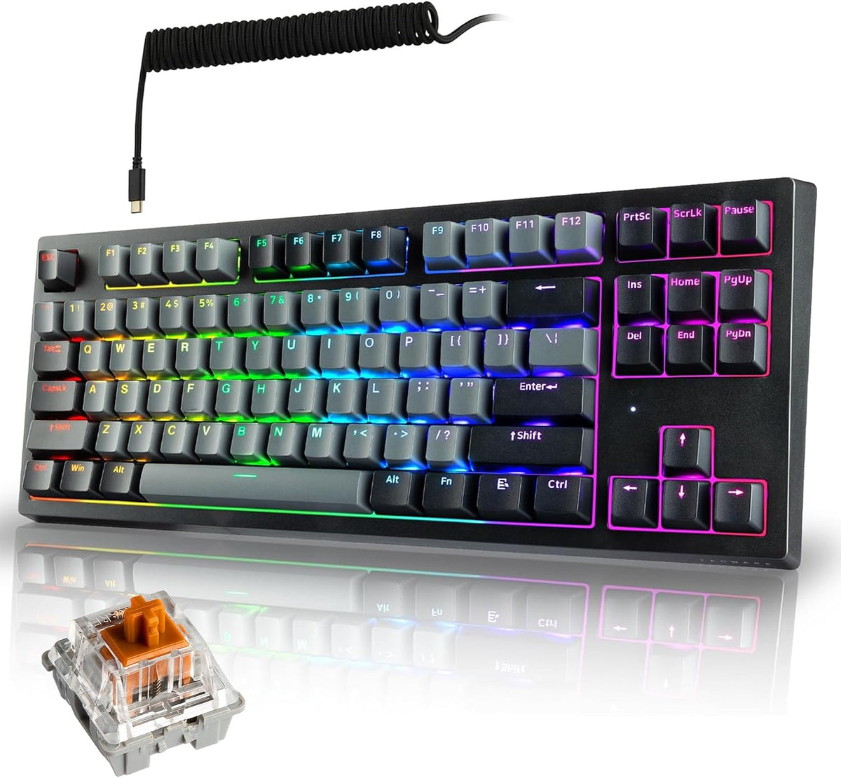 TECWARE Phantom+ Elite 87 Key RGB Mechanical Gaming Keyboard | 3-Mode Wireless Bluetooth 5.0, 2.4GHz & USB-C Wired | Hot-Swappable 5-Pin | Double-Shot PBT Keycaps | Wraith Brown Switch - Black