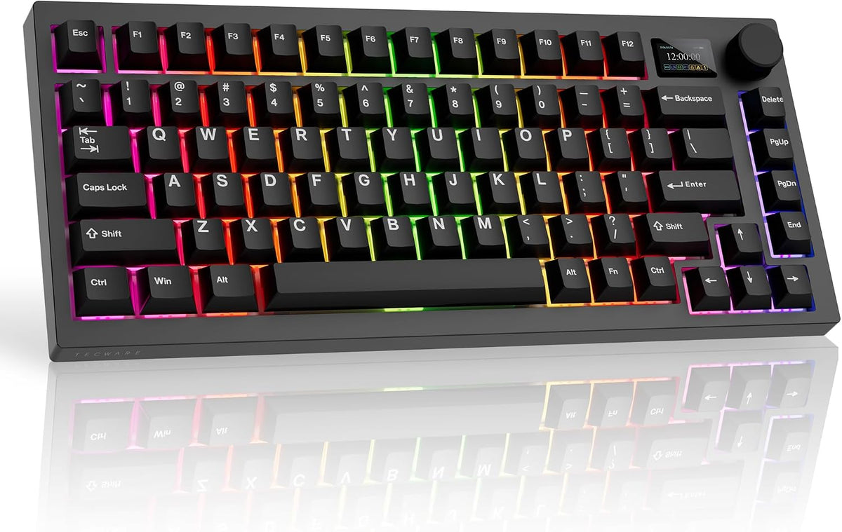 TECWARE Spectre 75 Mechanical Gaming Keyboard | Customizable LCD Screen Display & Knob | Tri-Mode Wireless Bluetooth 2.4GHz | Gasket Mount Hot Swappable | Black Candy Red Linear Switches