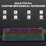 AULA F75 Pro Wireless Mechanical Keyboard,75% Hot Swappable Custom Keyboard with Knob,RGB Backlit,Pre-lubed Reaper Switches,Side Printed PBT Keycaps,2.4GHz/USB-C/BT5.0 Mechanical Gaming Keyboards