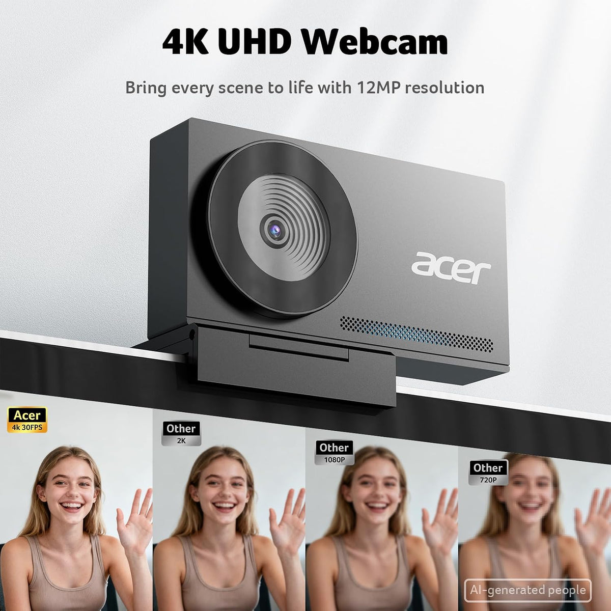 Acer 4K Webcam for PC/Mac with All-Metal Unibody Sculpted, Sony 1/2" Sensor, PDAF, 2 Noise Reduction Mics, Privacy Cover for Switch 2/Zoom/Teams/Facetime/YouTube/Google Meet