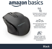 Amazon Basics Portable Wireless Computer Mouse, Ergonomic, 2.4 GHz Optical, DPI Adjustable, Easy to Use, Compatible With PC, Mac, Laptop, Black