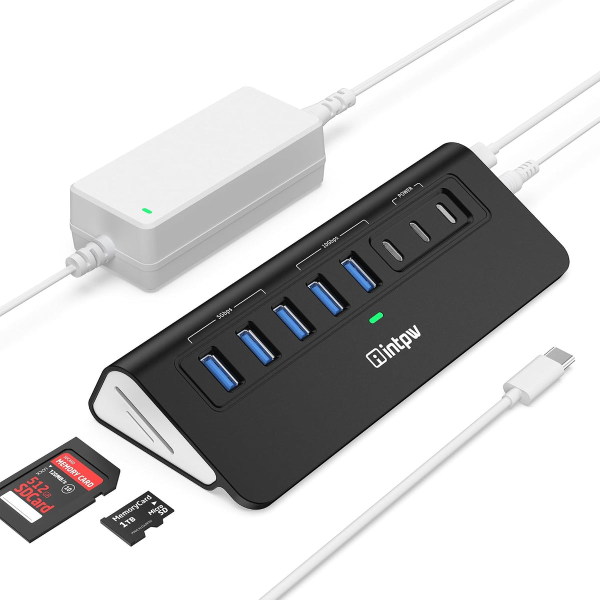 Powered USB Hub 10Gbps, intpw YH6AC Plus 10-Port USB 3.2 Hub(USB A/USB C 3.2+3 USB-A 3.0+2 PD 45W Fast Charging Ports+SD/TF Card Reader), 65W Power Adapter,Aluminum USB HUB for PC/Laptop,iPhone 17/16