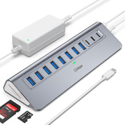Powered USB Hub 10Gbps, intpw YH6AC Plus 10-Port USB 3.2 Hub(USB A/USB C 3.2+3 USB-A 3.0+2 PD 45W Fast Charging Ports+SD/TF Card Reader), 65W Power Adapter,Aluminum USB HUB for PC/Laptop,iPhone 17/16