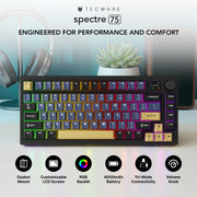 TECWARE Spectre 75 Mechanical Gaming Keyboard | Customizable LCD Screen Display & Knob | Tri-Mode Wireless Bluetooth 2.4GHz | Gasket Mount Hot Swappable | Black Candy Red Linear Switches