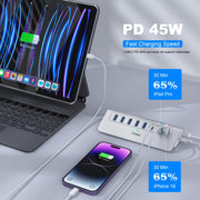 Powered USB Hub 10Gbps, intpw YH6AC Plus 10-Port USB 3.2 Hub(USB A/USB C 3.2+3 USB-A 3.0+2 PD 45W Fast Charging Ports+SD/TF Card Reader), 65W Power Adapter,Aluminum USB HUB for PC/Laptop,iPhone 17/16