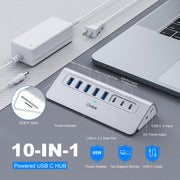 Powered USB Hub 10Gbps, intpw YH6AC Plus 10-Port USB 3.2 Hub(USB A/USB C 3.2+3 USB-A 3.0+2 PD 45W Fast Charging Ports+SD/TF Card Reader), 65W Power Adapter,Aluminum USB HUB for PC/Laptop,iPhone 17/16
