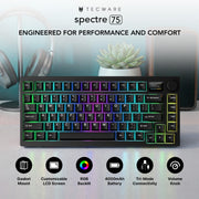 TECWARE Spectre 75 Mechanical Gaming Keyboard | Customizable LCD Screen Display & Knob | Tri-Mode Wireless Bluetooth 2.4GHz | Gasket Mount Hot Swappable | Black Candy Red Linear Switches