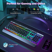 TECKNET Wired Gaming Keyboard, RGB Backlit Keyboard with Metal Panel Design