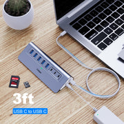 Powered USB Hub 10Gbps, intpw YH6AC Plus 10-Port USB 3.2 Hub(USB A/USB C 3.2+3 USB-A 3.0+2 PD 45W Fast Charging Ports+SD/TF Card Reader), 65W Power Adapter,Aluminum USB HUB for PC/Laptop,iPhone 17/16